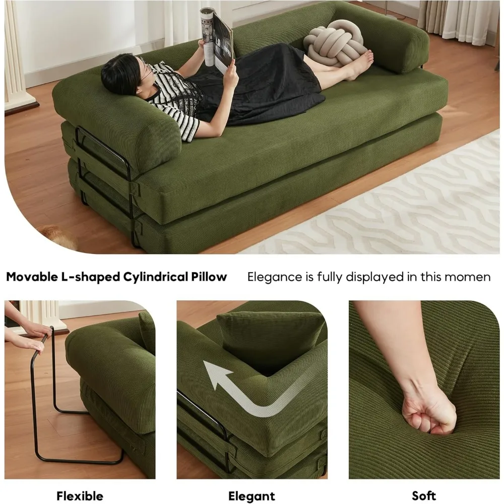 Convertible Sleeper Sofa Bed with Cylindrical Pillow, Corduroy Folding Mattress Couch，Fixed-Shape Frame, Floor Sofa Lounge Couch image 3