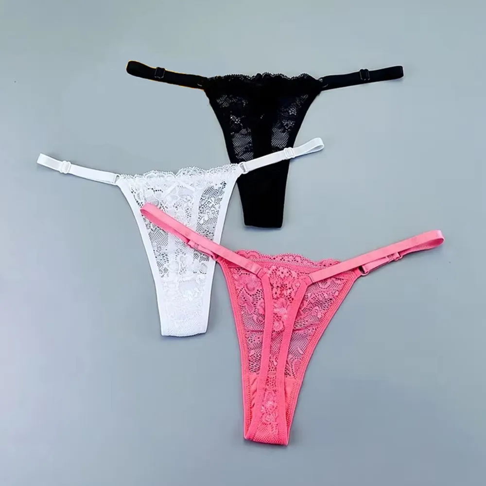 3 uds. Bragas tipo Tanga transparentes sexis ajustables, ropa interior de encaje para mujer, calzoncillos de cintura baja con espalda en T para mujer