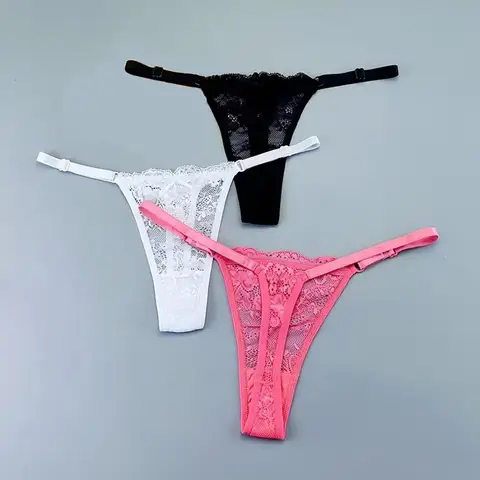3 pçs ajustável sexy transparente tanga calcinha feminina renda roupa interior cintura baixa feminino t-back corda cuecas
