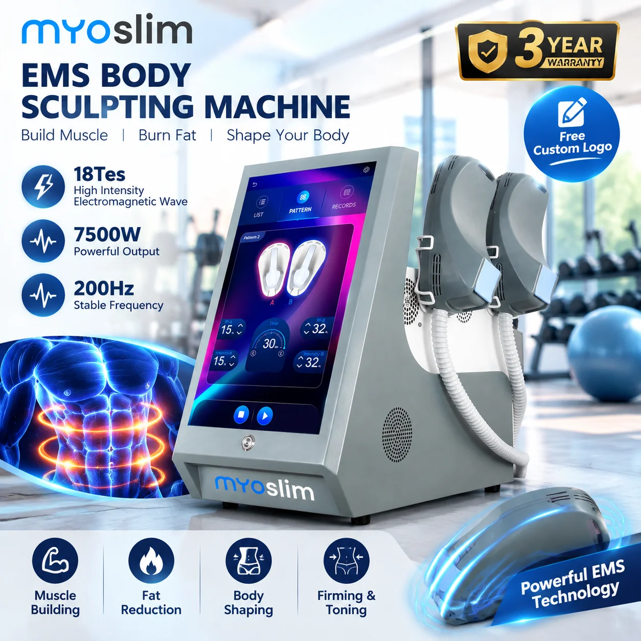 Body Sculpting Device 18Tes 7500W HI-EMT MYOslim EMS Muscle Building Fat Loss Slimming Weight Loss Machine for Abdomen Arms Pro