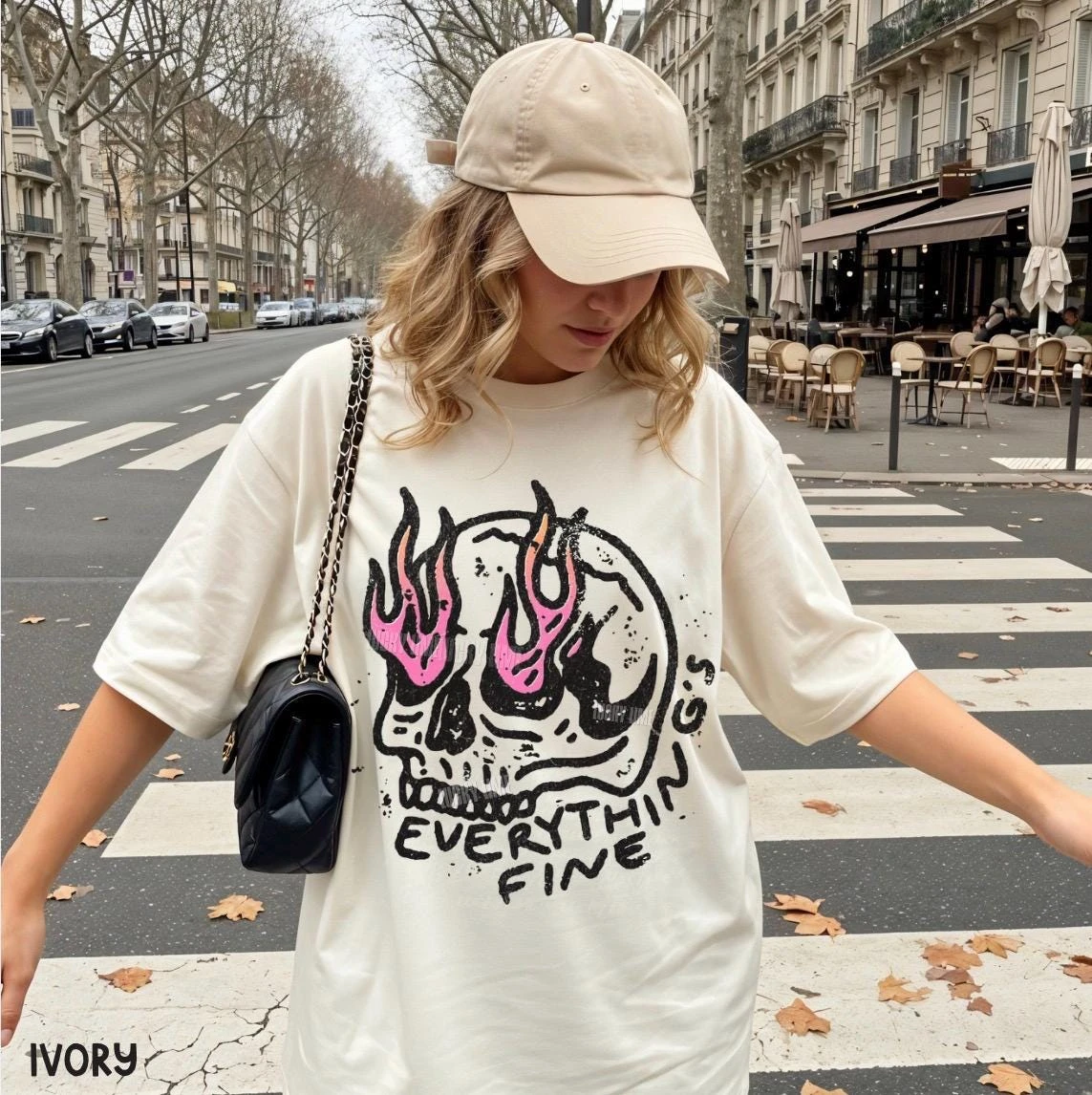 Everything Is Fine Shirt, Retro Grunge Shirt, Sarcastic Shirt, Funny Skeleton Shirt, Festival Shirt,  Rebel Tee, Pink Flames