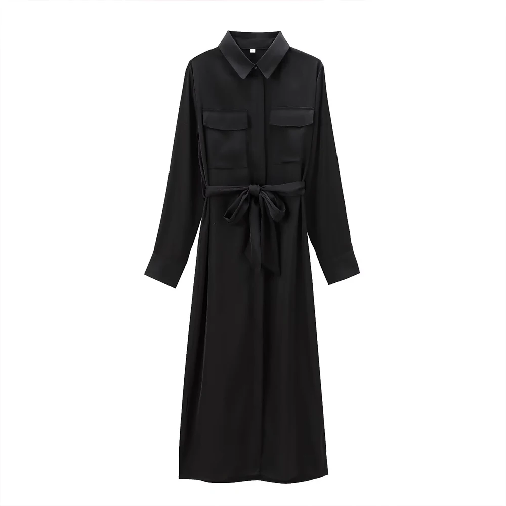 Easy Wearing Black Vintage Satin Texture Polo Collar Bow Belt Long Sleeves Covered Button Women Solid Shirt Dress ZATAF 2024 New