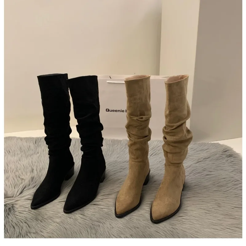 

Vintage Pleated Woman Knee High Boot Elegant Low Heel Autumn Winter Shoes Ladies Pointed Toe Knight Long Booties