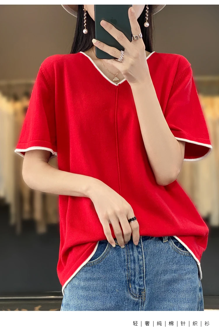 100% Cotton T-Shirt Women's V-Neck Pullover Short Sleeve Summer New Casual Knitting Loose Top Fashion Color Contrast T-Shirt