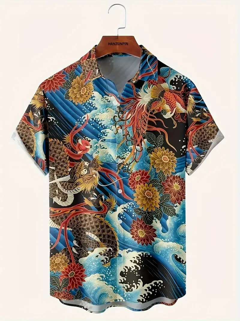 Modern Chinese Dragon Pattern 3D Printed Men\'s Fashion Short Sleeve Hawaiian Casual Loose Style Shirt for Summer Vacation