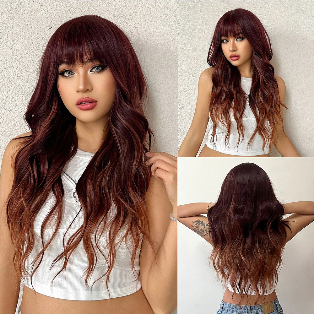 

Reddish Brown Omber Synthetic Wig for Women Long Wavy Bangs Christmas Cosplay Heat Resistant Fiber Wigs