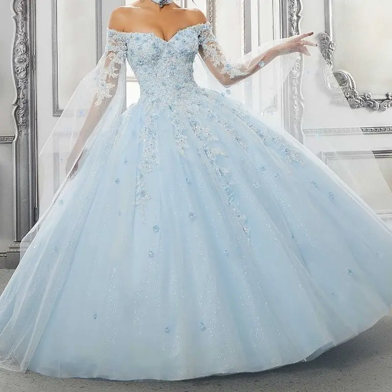 

Lorencia мексиканское синее блестящее платье Quinceanera Цветочная Кружевная аппликация из бисера с накидкой корсет милое 16 Vestidos De 15 лет YQD472