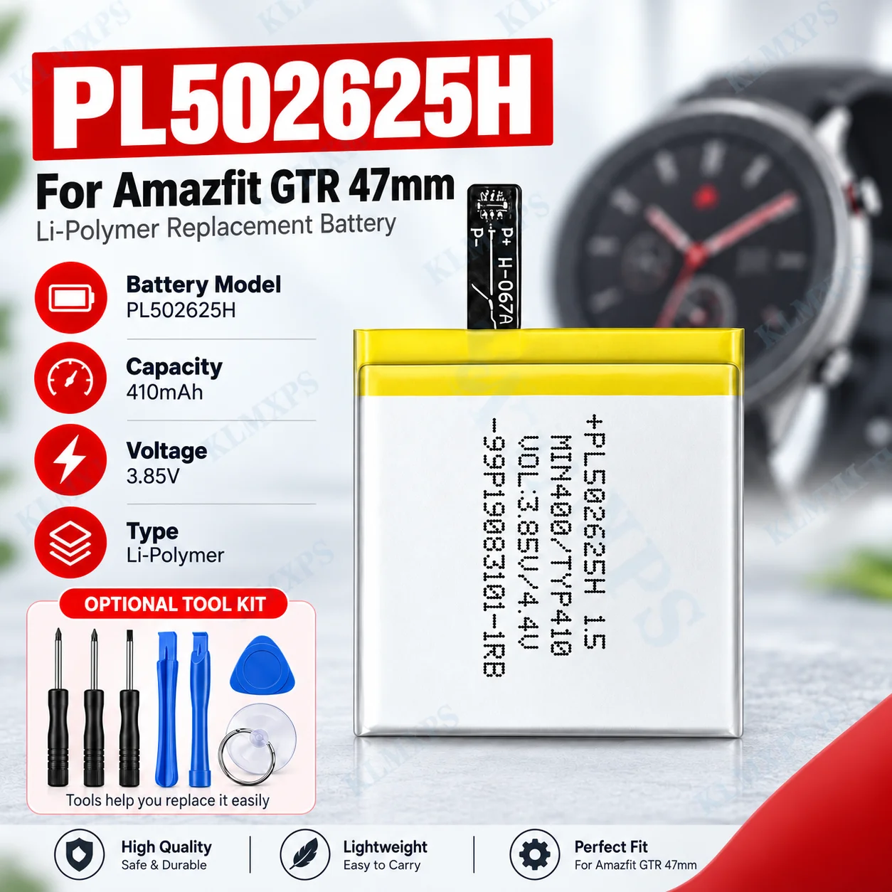 410mAh PL502625H Battery Replacement for Amazfit GTR 47mm Smart Watch 3.85V Li Polymer Battery with Repair Tool Kit