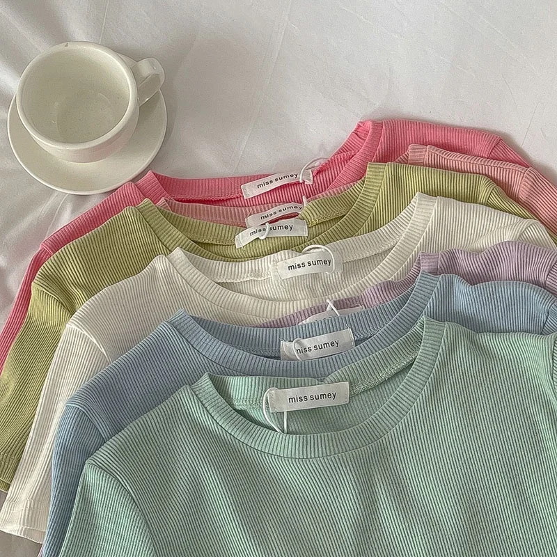 Women's Small Fresh Solid Round Neck Thread Short Sleeve T-shirt Korean Multi Color Basic Universal Slim Fit Top