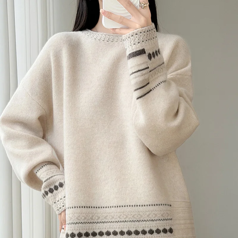 Relaxed soft waxy cashmere raccoon blended jacquard wool suit sweater overskirt