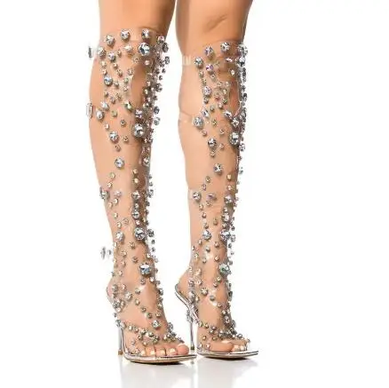 Fashion Women Transparent PVC Bling Crystal Rhinestone Gladiator Hollow Cuts Out Buckles Slingback Thin Heels Knee High Boots