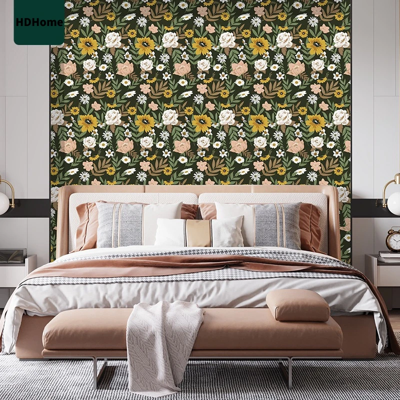 Vintage Large Floral Peel and Stick Wallpaper Removable Daisy Leaf Black/Sand/Oliva Vinyl Self Adhesive Wallpaper Wall Mural