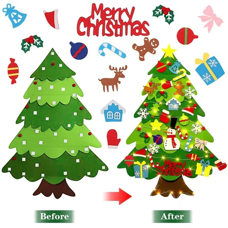 Kids DIY Felt Christmas Tree Toy Wall Hanging Artificial Xmas Tree with Snowman Ornament New Year Boys Girls Gift 32Pcs Ormants