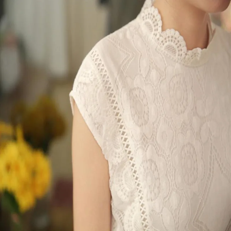 Summer Chiffon Blouse Women's Top 2025 New Sleeveless Office Lace Blouse Women Casual Stand Collar Base Shirts