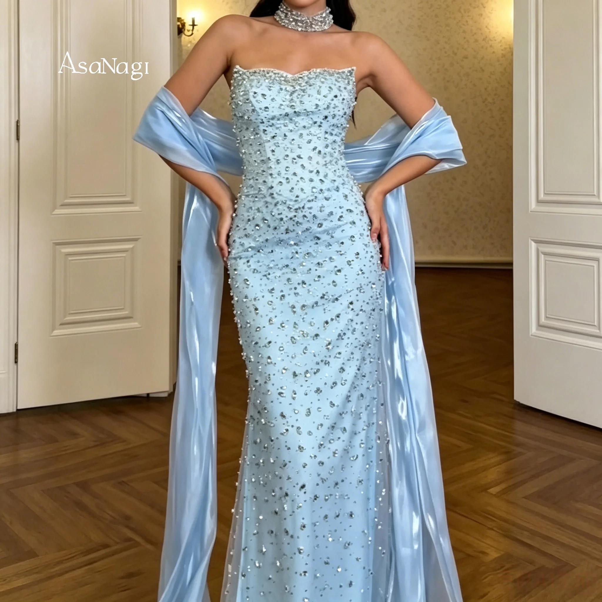 

Blue Strapless Dress with Heart-Shaped Ribbons Rhinestone Embroidery Evening Prom Gown for Women Girls