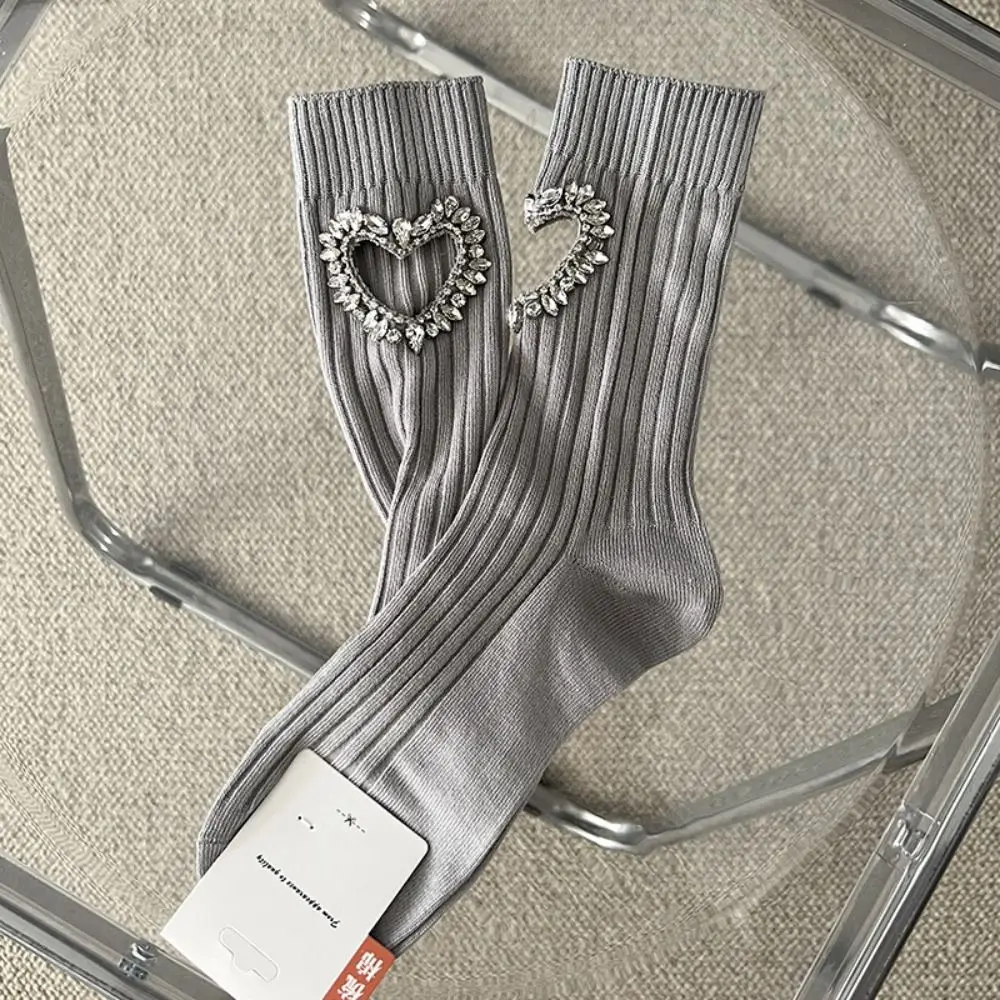 

Fashion JK Rhinestone Heart Socks Crystal Cotton Y2K Tube Socks Hosiery Harajuku Mid-calf Socks Women Lolita