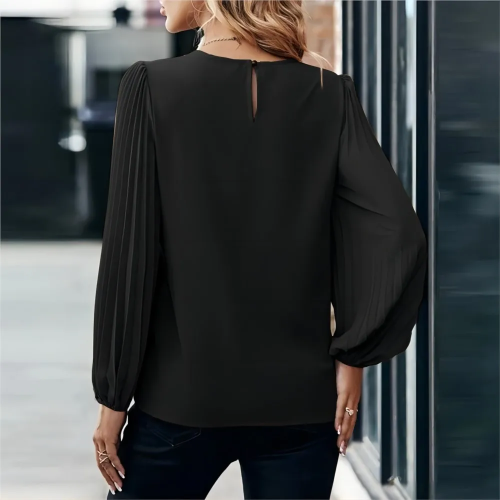 Elegant Office Lady Shirt 2024 Autumn Women Pleated Long Sleeve Shirt Fashionable Round Neck Retro Solid Color Casual Blouse Top