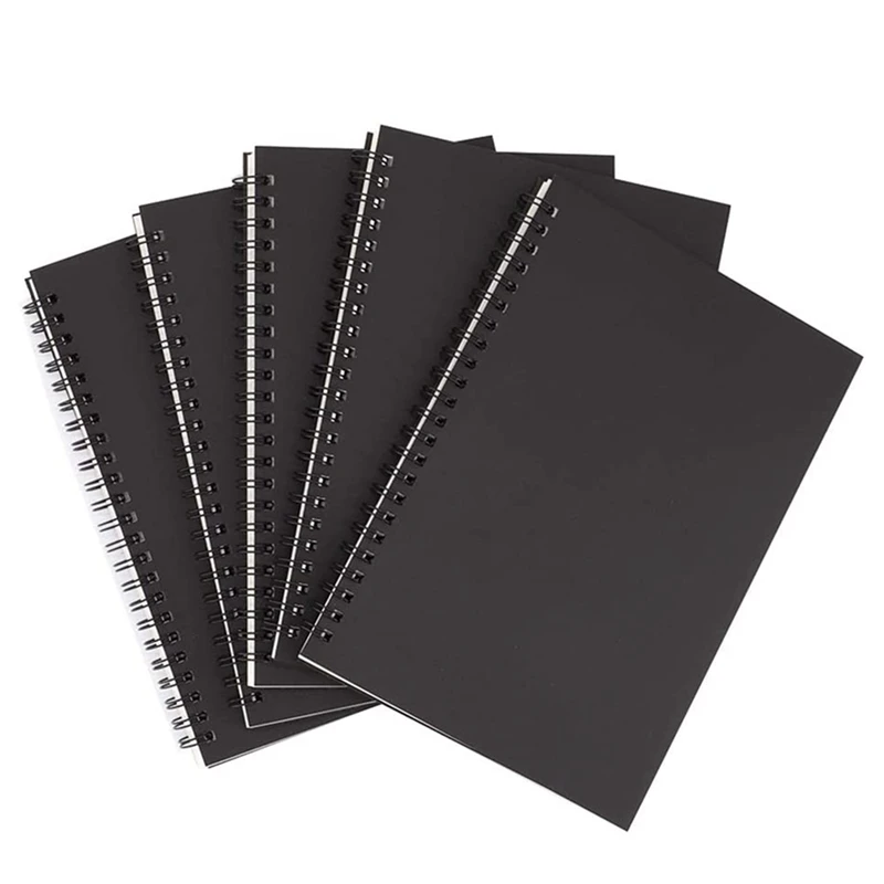 5Pcs A5 Black Spiral Notebook Blank Sketchbook Unruled Journal Pack Thick Blank Paper 50 Sheet 100 Unlined Pages