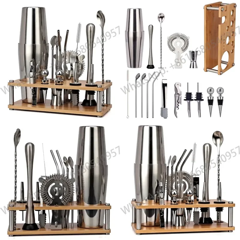 Kit de barman professionnel 17 pièces en acier inoxydable, ensemble de mélangeur à cocktails, nouveau kit de bar en bambou ovale détachable