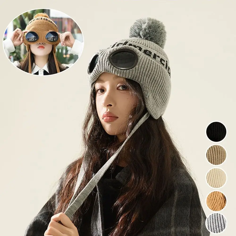 

Fashion Windproof Glasses Knitted Hat Warm Cold-proof Beanie Hats Ear Protectors Woolen Hat Winter
