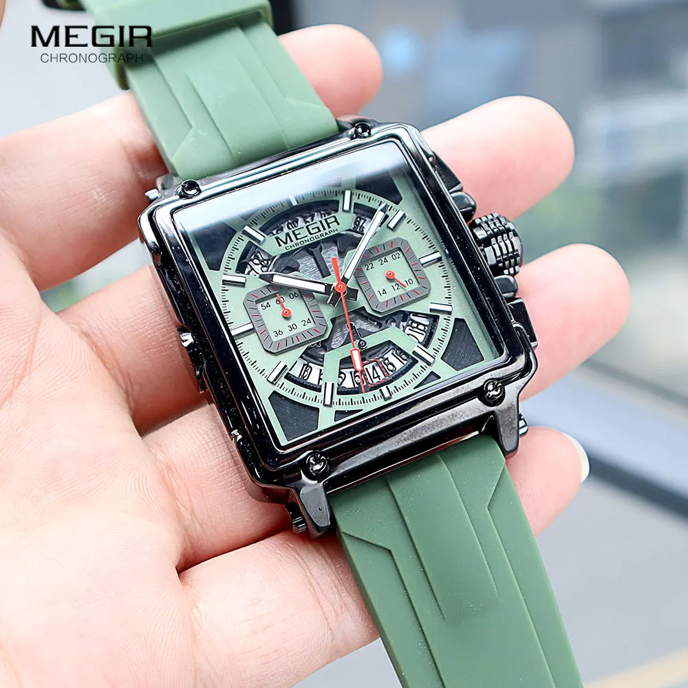 MEGIR Square Dial Quartz Watch for Men Fashion Military Sport Chronograph Wristwatch with Green Silicone Band Date Luminous Hand