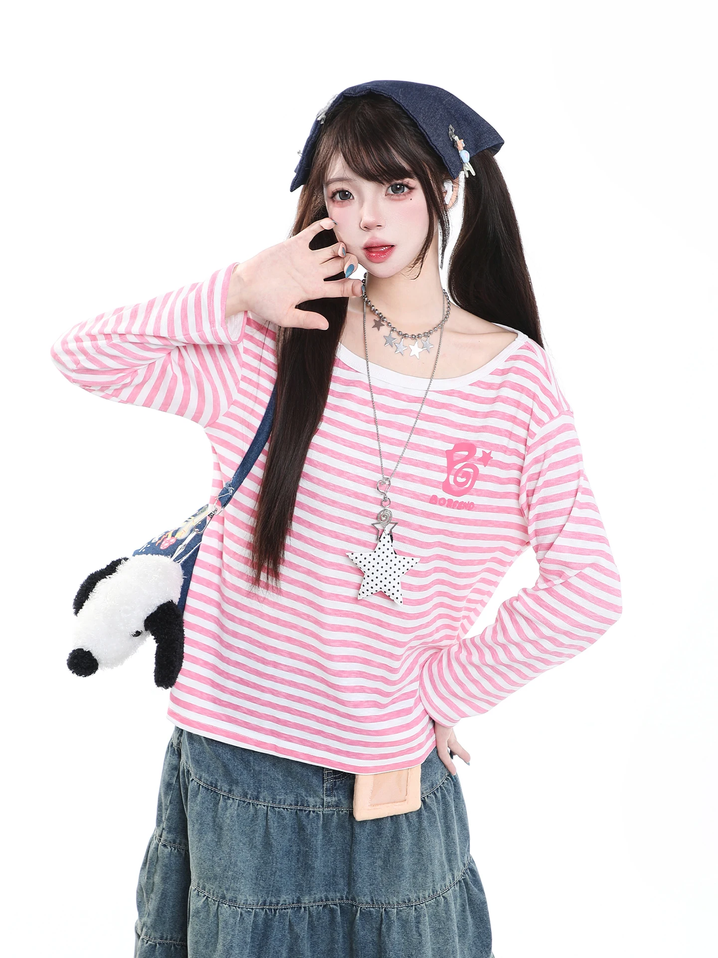 Ladies Casual Style Long Sleeve T-Shirt Striped Loose Fit Beautiful Creative Print Autumn Wear Comfortable Breathable Top
