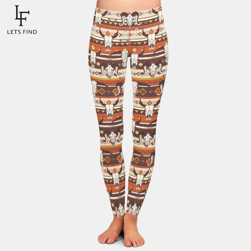 

LETSFIND New Soft Women Elastic Legging 3D Bull Skulls In Engraving Technique and Boho Ornament Print Fitness Leggings