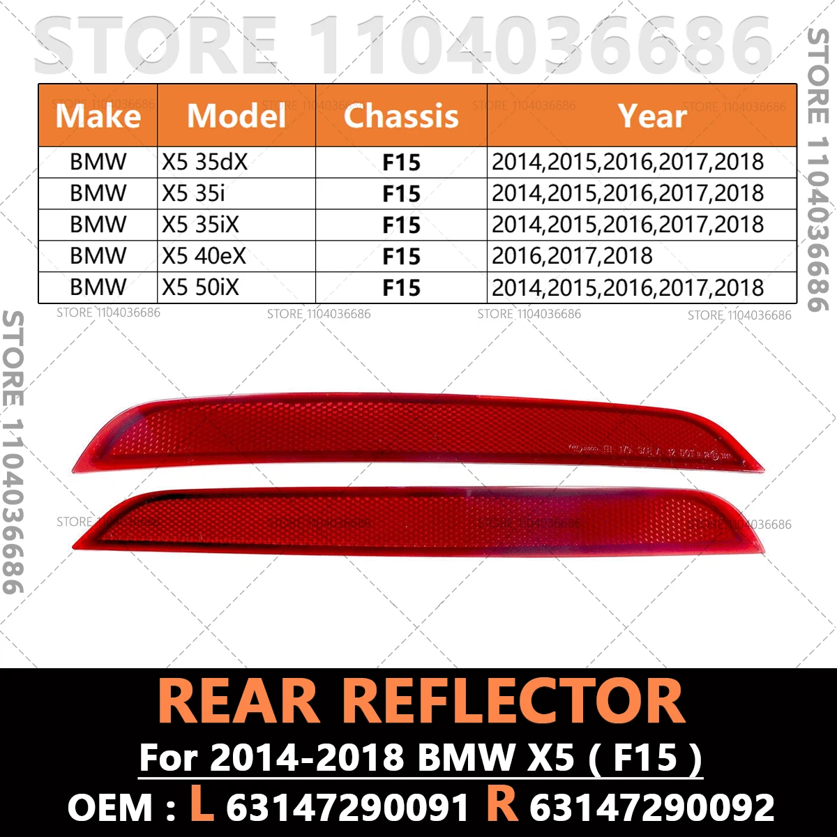 For 2014 2015 2016 2017 2018 BMW X5 (35dx 35i 35ix 40ex 50ix) (F15) Rear Bumper Reflector Light 63147290091 63147290092