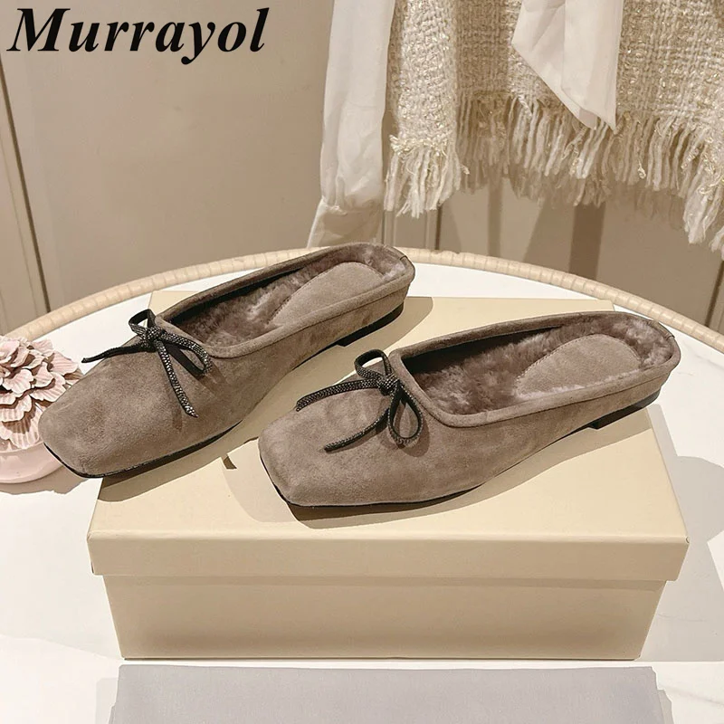 Lazy Mules Women Real Leather Closed Toe Bow-Knot Decor Flat Half Slippers Ladies Autumn Winter Outdoor Vacation Walking Shoes view 5