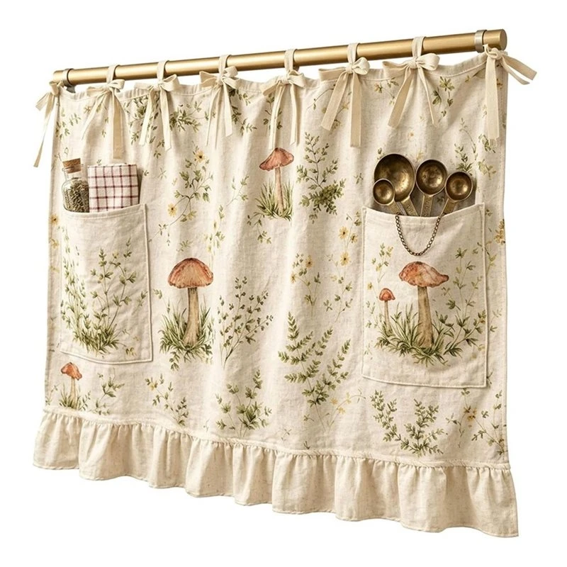 LUCKshopping Decorative Mushroom Pattern Oven Skirt Curtain, Heat-Resistant Design, For Door With Pockets, 60X45 Cm Size