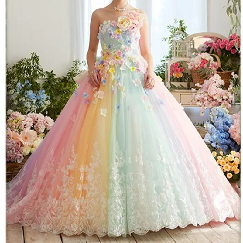 

Colorful Tulle Wedding Dress With 3D Flowers Lace Floral Appliques Customized Puffy Bridal Gowns 2024 Quinceanera Dress