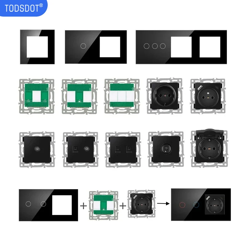 TODSDOT wall-mounted module diy EU standard wifi switch socket combo black glass panel button function free combination 220v