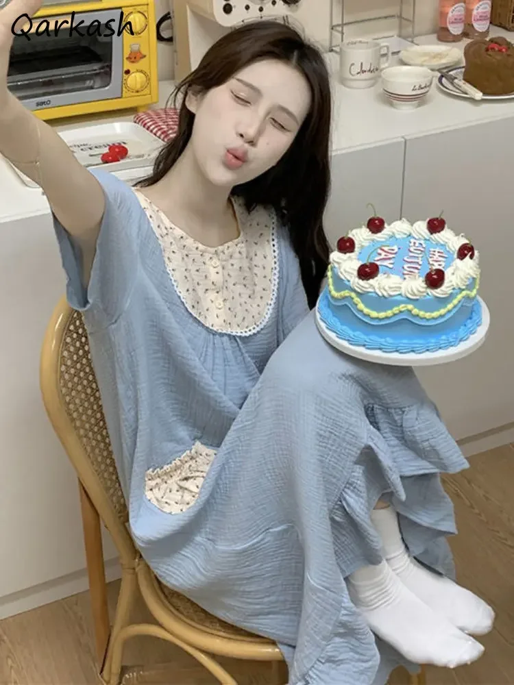

Nightgowns Women Loose Midi Sweet All-match Sleepwear Fashion Tender Korean Style Pockets Casual Girlish Students Soft Chic Home