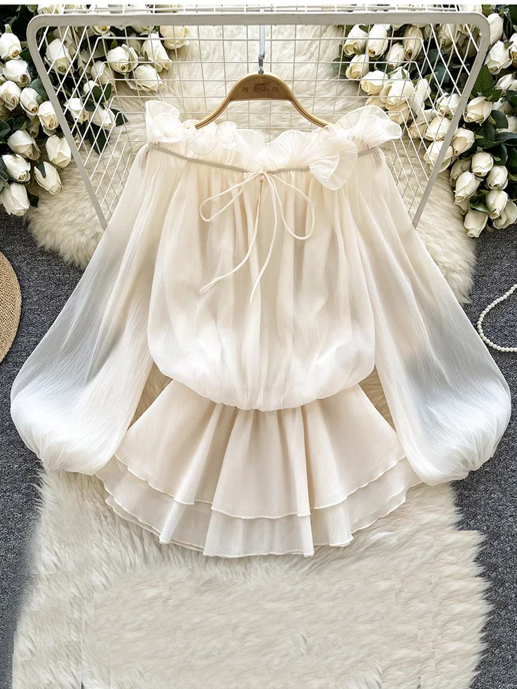 

Spring Summer Slash Neck Chiffon Shirt Women New Sweet Shoulder Exposed Lotus Leaf Edge Long Sleeved Sun Protectio Blouse C125