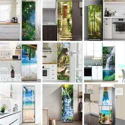 Jungle Green Fridge Stickers Tree Sun Sea Refrigerator Sticker Self-adhesive Dinosaur Wallpaper Nature Door Cover 3D Film Decor