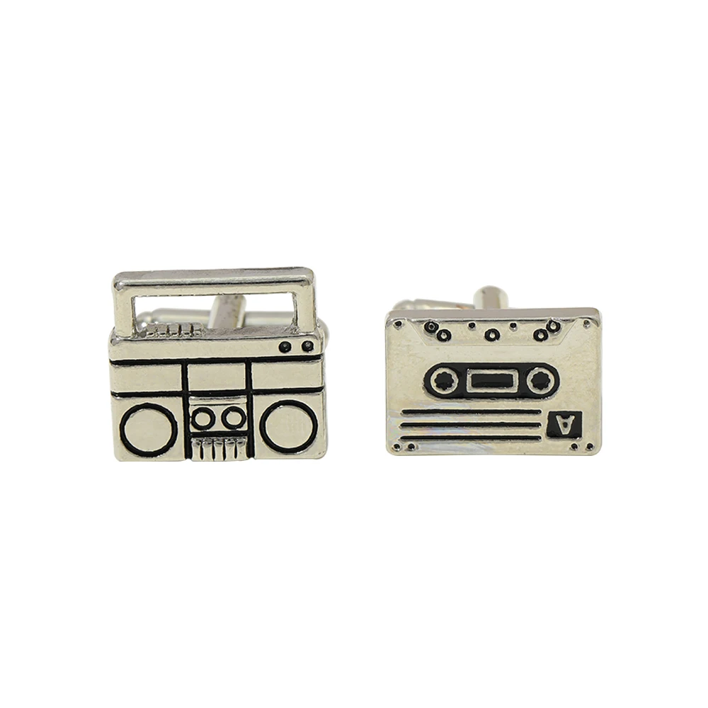 Vintage 2 Pcs Tape Recorder Mens Cufflinks Set Silver Tone Cuff Links For Boy Music Lovers Shirt Tuxedo Sleeve Button Party Gift