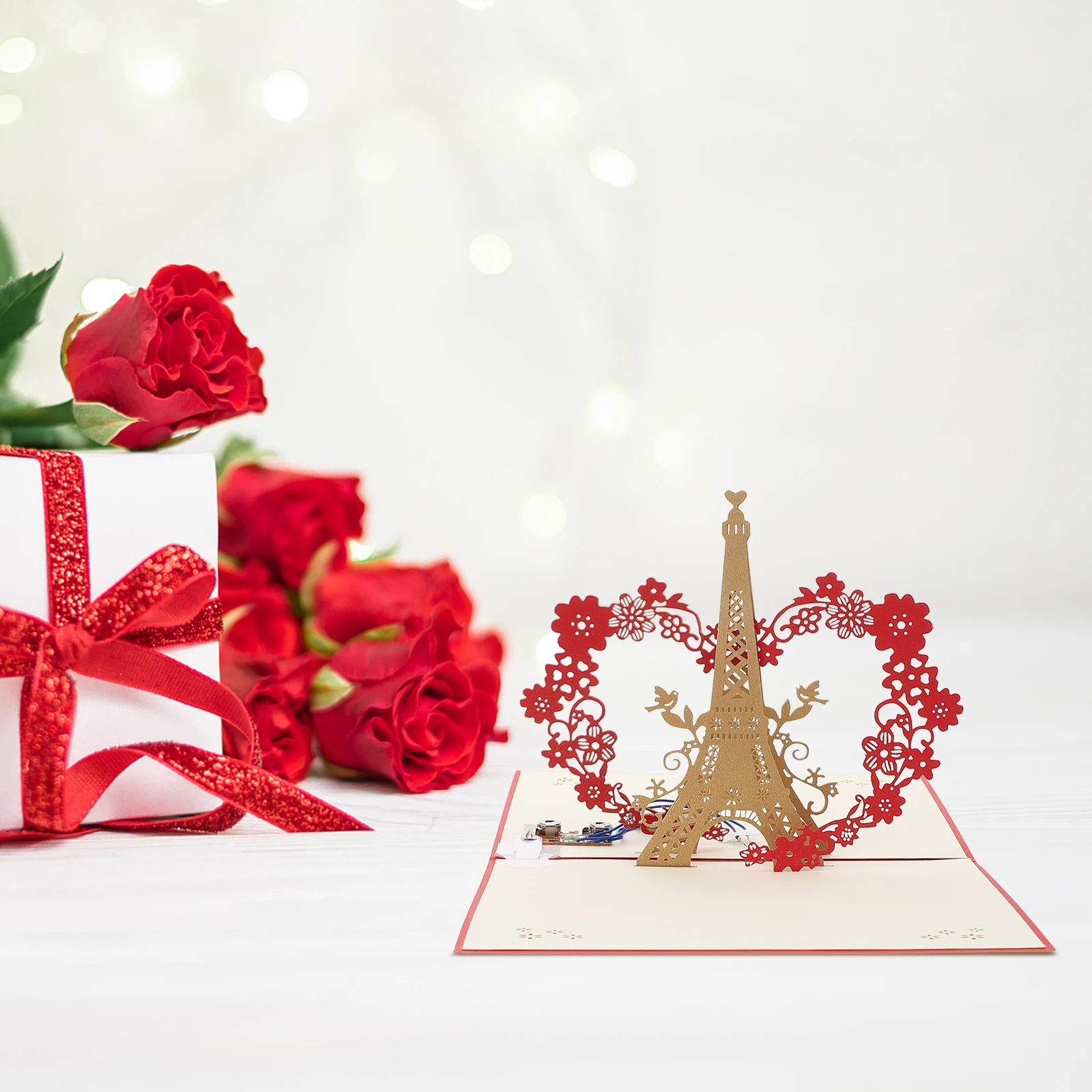 

1 set 3D Music Lighting Greeting Card Eiffel Tower Glowing Birthday Up Shine Paper Blessing Card For Party Invitation