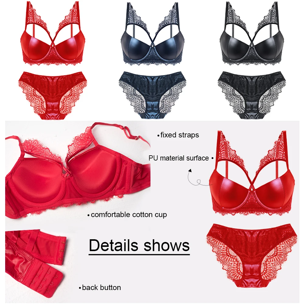 Sexy Pu Leather Lingerie Set Female Lace Bra Gather Panties Underwire Solid Push Up 3/4 Cup Adjusted-Straps Underwear For Women