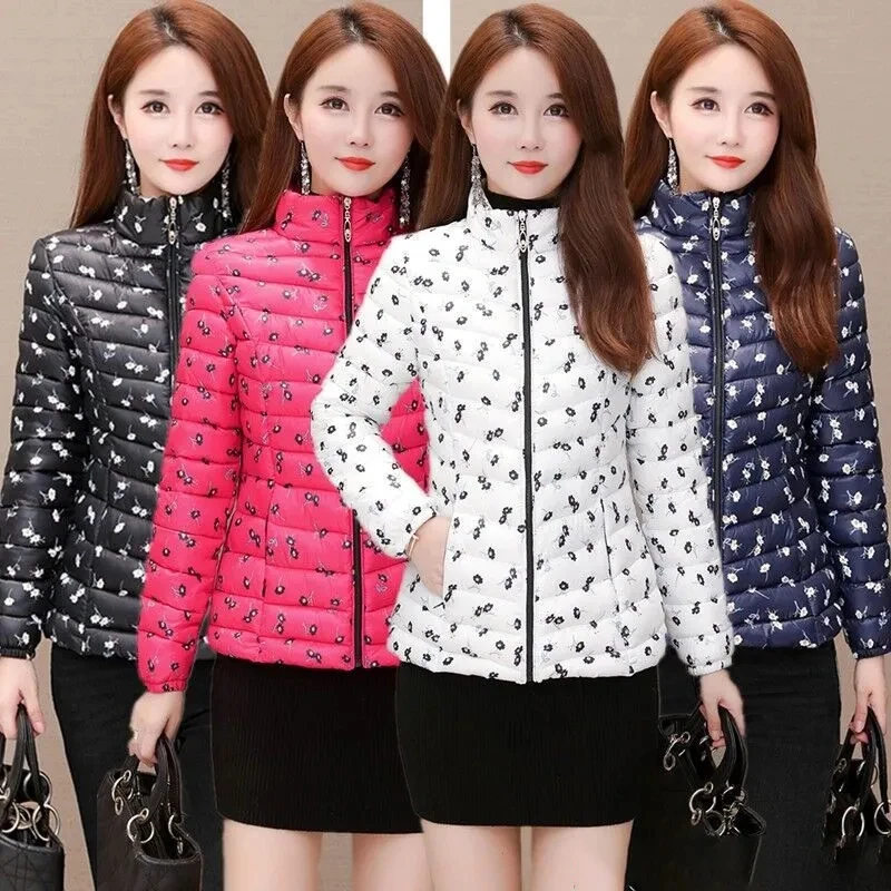 Lightweight Down Cotton Jacket Female Short Printed Quilted Women\'s Coat Middle-Aged Mother Spring Autumn Winter Jacket Tops