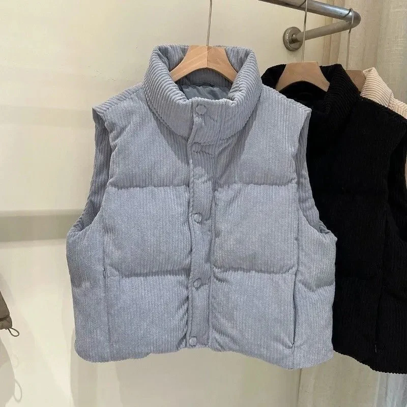 Women Corduroy Vest Autumn Winter Sweet Japanese Sleeveless Loose Fashion Tanks Button Stand Collar Casual All Match New Coats