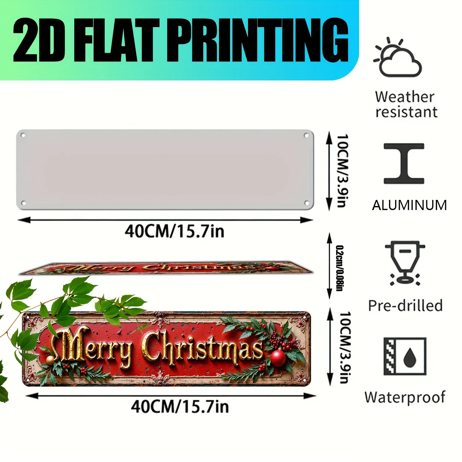 2D Flat, 1pc Merry Christmas Aluminum Wall Sign - Vintage Rustic Holiday Decor with UV Printed Holly & Berry Design, Weather