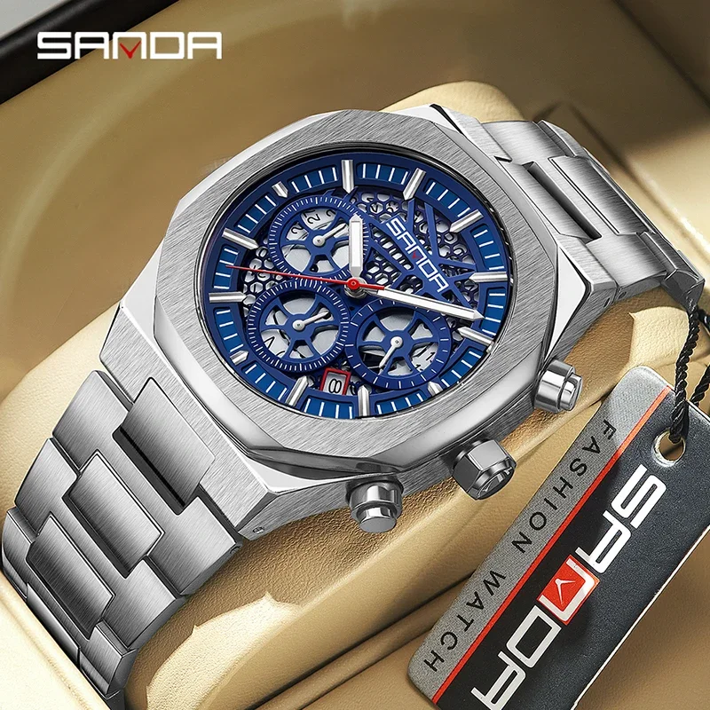 

Sanda 5505 New Arrival 2024 Trendy Stainless Steel Strap Quartz Movement Chronograph Function Business Men Calendar Wrist Watch