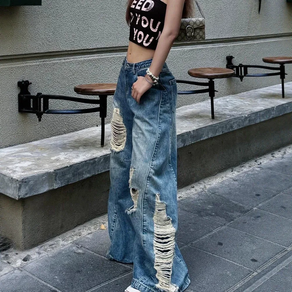 American Vintage High Waisted Ripped Jeans for Women Summer High Street Designed Loose Slim Draped Wide Leg Floor Length Pants