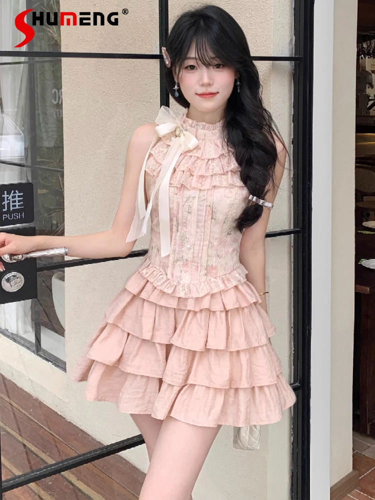 

Elegant Sweet Pink Suit Stand Collar Bow Sleeveless Single-breasted Printed Tops High Waist Pink Cake Skirt Two-piece Sets Women