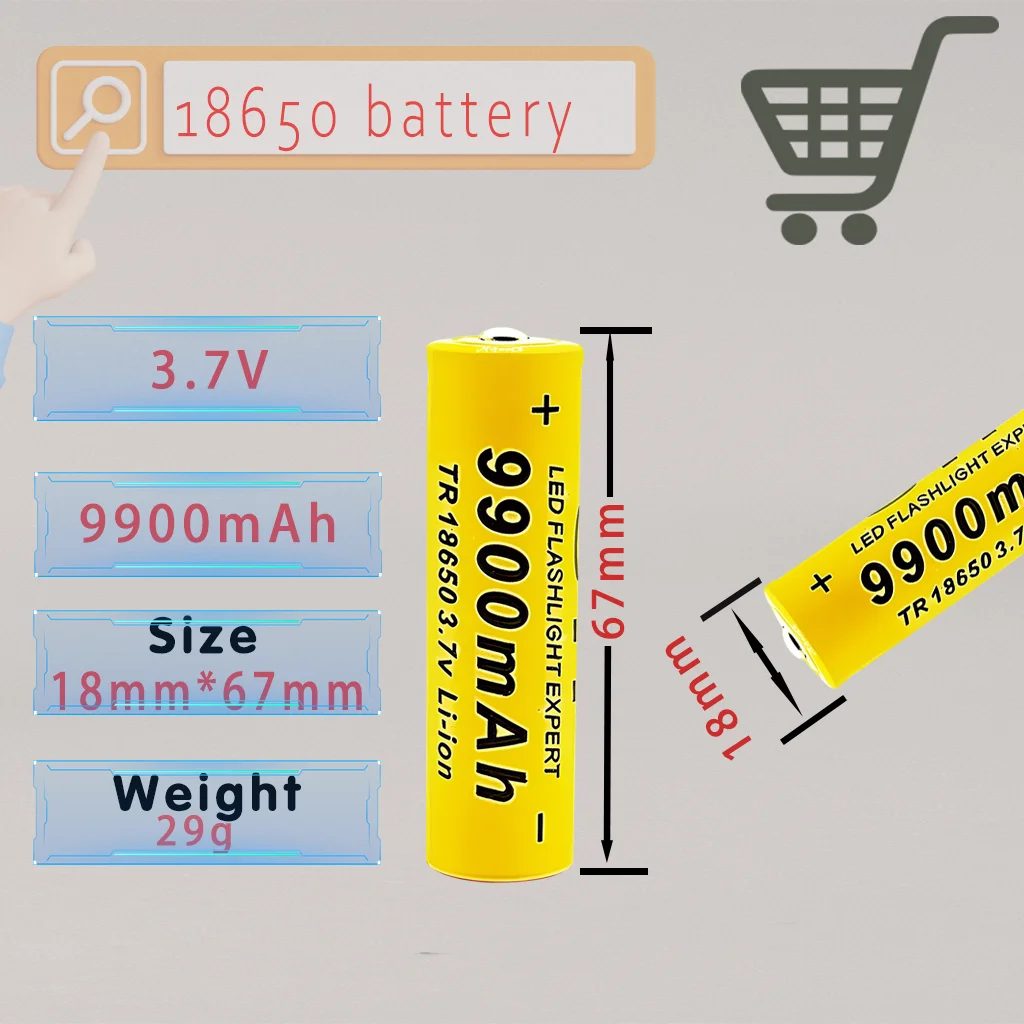 بطارية 18650 قابلة لإعادة الشحن (3.7 فولت 9900 مللي أمبير): مثالية لمصابيح LED وأضواء التخييم ومجموعات الطوارئ - اطلب اليوم!