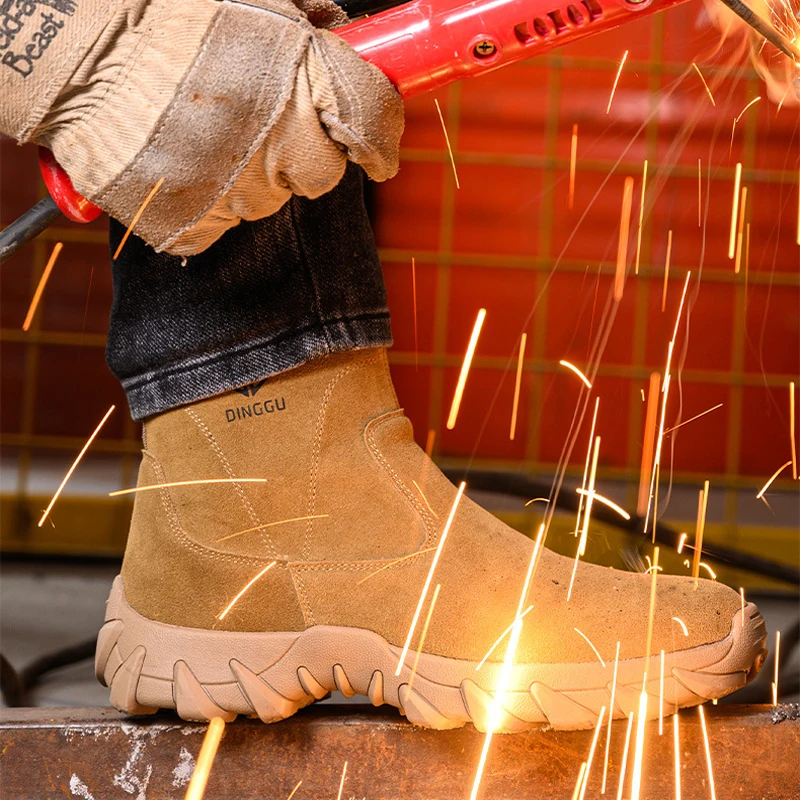 جلد البقر الرجال أحذية عمل أحذية أمان عالية أعلى الجانب سستة السلامة التمهيد مكافحة تحرق أحذية لحام ثقب واقية أحذية الأمن الرجال