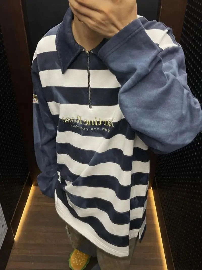 

e Rose Blue White Stripe Water Ripple Sweatirt f Zip Long Sve ex Vintage Retro Trendy Spring Autumn