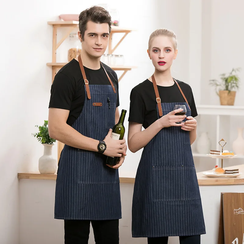 Avental listrado impermeável com bolsos para homens e mulheres, babador de cozinha, bartenders e chefs