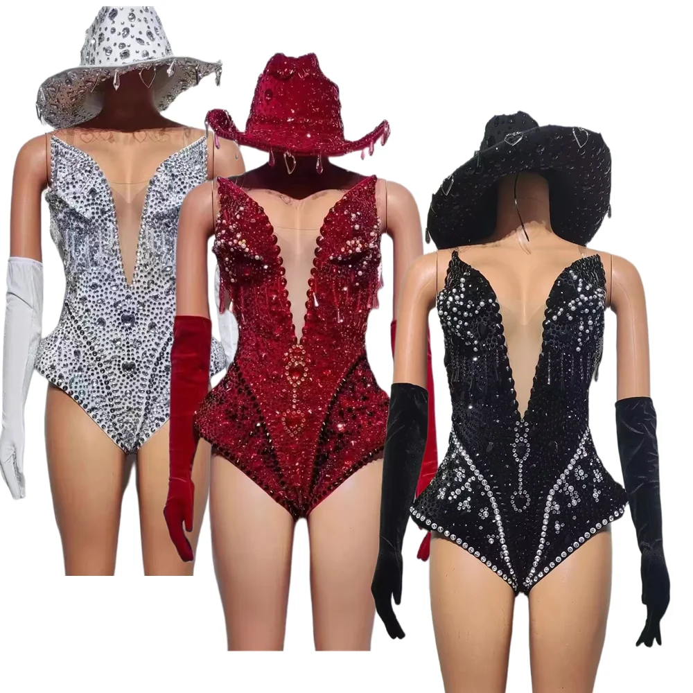 Sexy Rhinestone Tassel Club Party Bodysuits Hats Gloves 3 Piece Sets Festival Outfit Women Stage Showgirl DJ Dancer Leotard