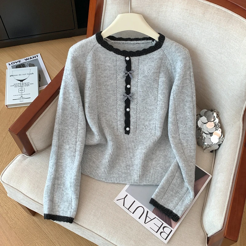 سترة محبوكة حلوة وأنيقة لأزياء الخريف والشتاء النسائية للتنقل، زخرفة القوس والأزرار، سترة كورية #2